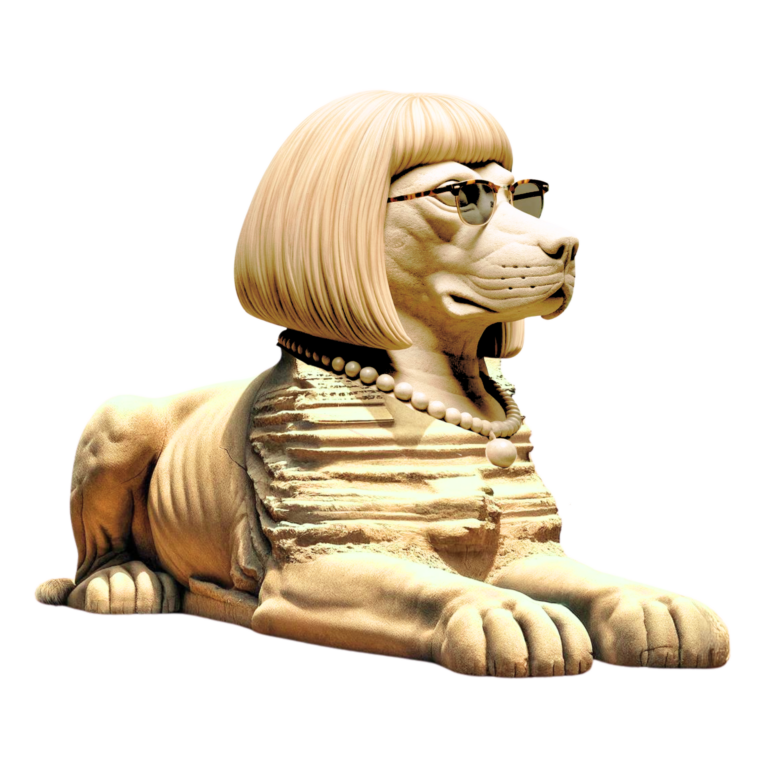 yellow dog sphinx with glasses and wig