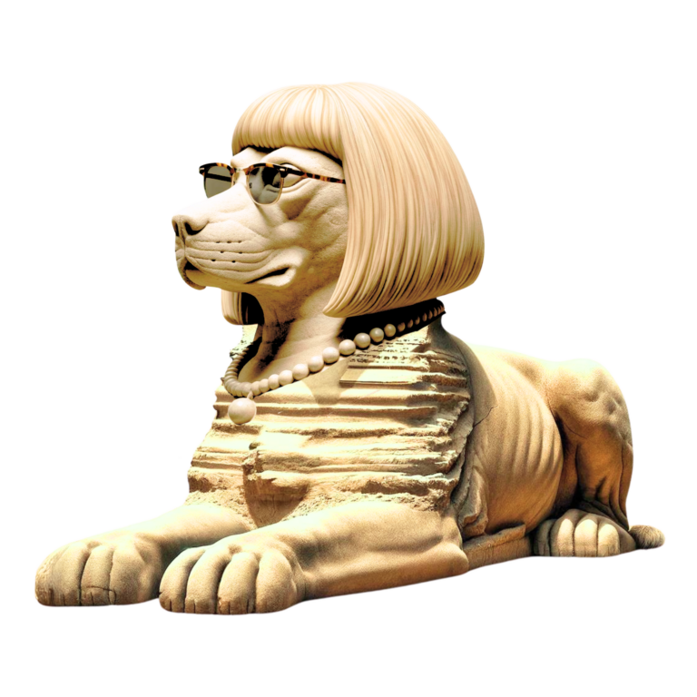 yellow dog sphinx with glasses and wig facing left