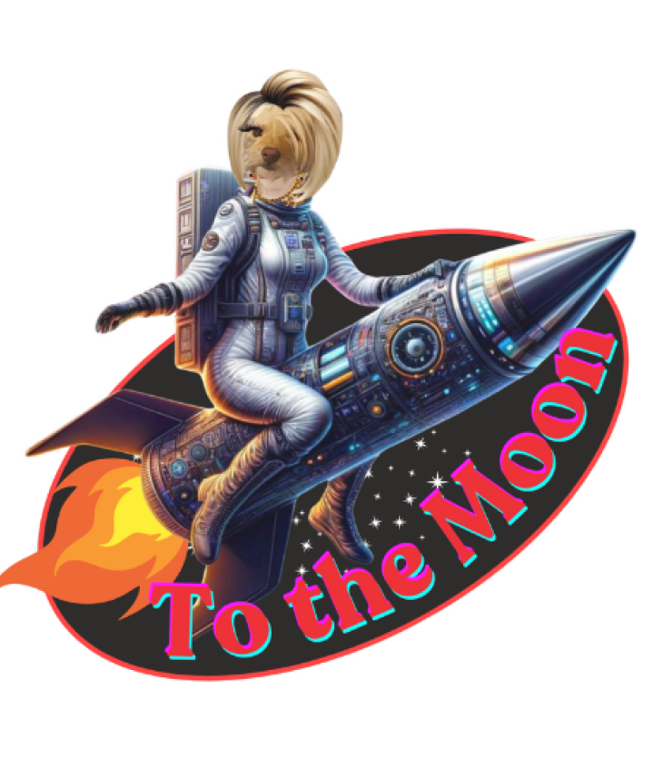 karen dog riding a rocket with the text: to the moon